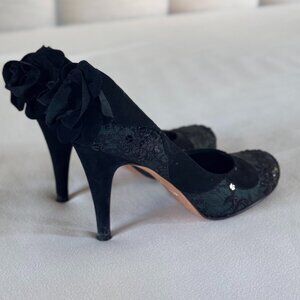 Rebeca Sanver Midnight Green Velvet + Lace Rosette Heels | EU40 | Elegant & Rare